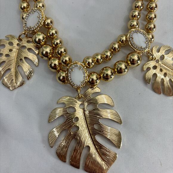 Lilly Pulitzer Statement Necklace Gold Tone with Monstera Leaf Accents - Picture 3 of 4